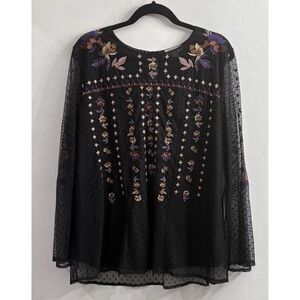 Style & Co Womens Top 1X Black‎ Embroidered Floral Sheer Peasant Boho Fairy Goth